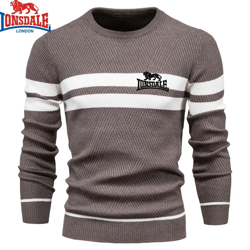Color: Beige, Size: XXL - Embroidered LONSDALE Mens Boys Winter Stripe Sweater Thick Warm Pullovers Men's O-neck Basic Casual Slim Comfortable Sweaters