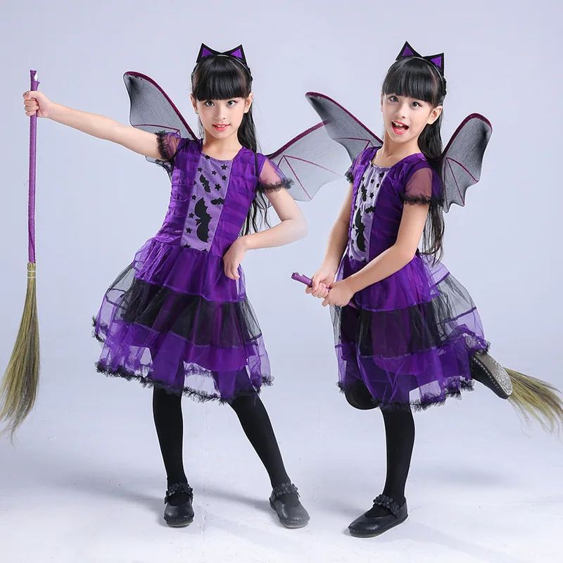Kid Size: 14, Color: green - Halloween Children Purple Vampire Costume Girls Dress Kids Clothes Baby Bat Spider Party Cosplay Headband +Wing Outfit
