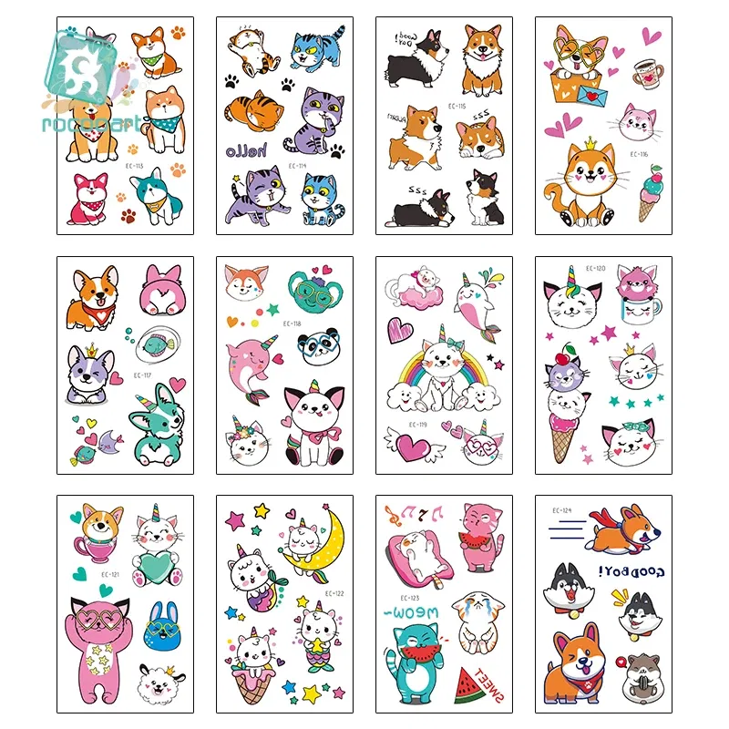 Color: light yellow - Cartoon Animal Waterproof Temporary Tattoo Cute Pet Cats and Dogs Tattoo Stickers Children Boy Girl Fake Body Art Flash Tatoo