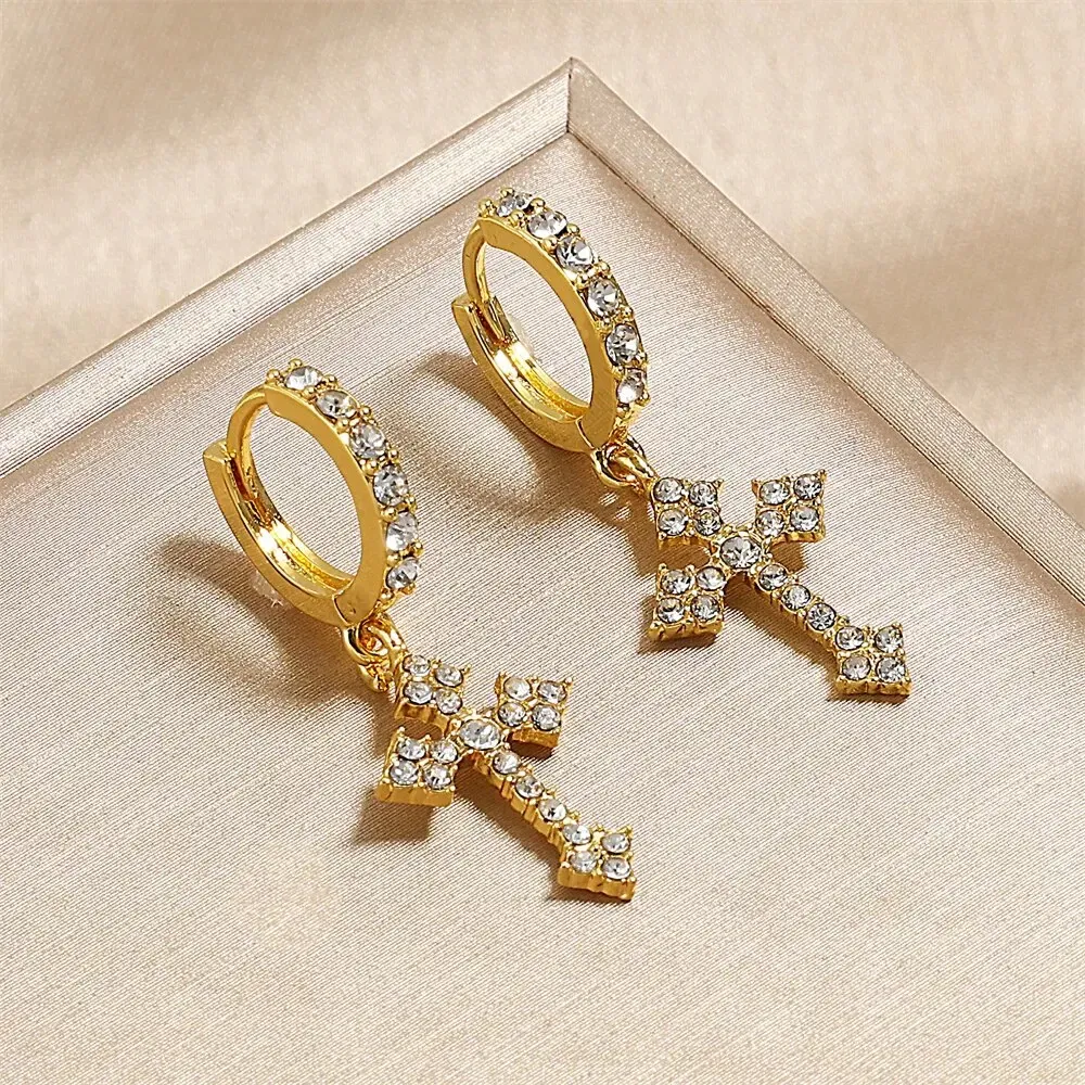 Metal Color: SILVER PLATED - Classic Cross Point-Drill Crystal Replaceable Exquisite White Color Earrings For Women Men Hiphop Party Jewelry Gifts
