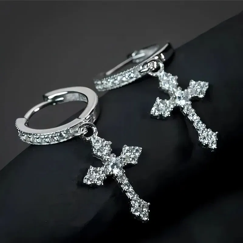 Metal Color: SILVER PLATED - Classic Cross Point-Drill Crystal Replaceable Exquisite White Color Earrings For Women Men Hiphop Party Jewelry Gifts