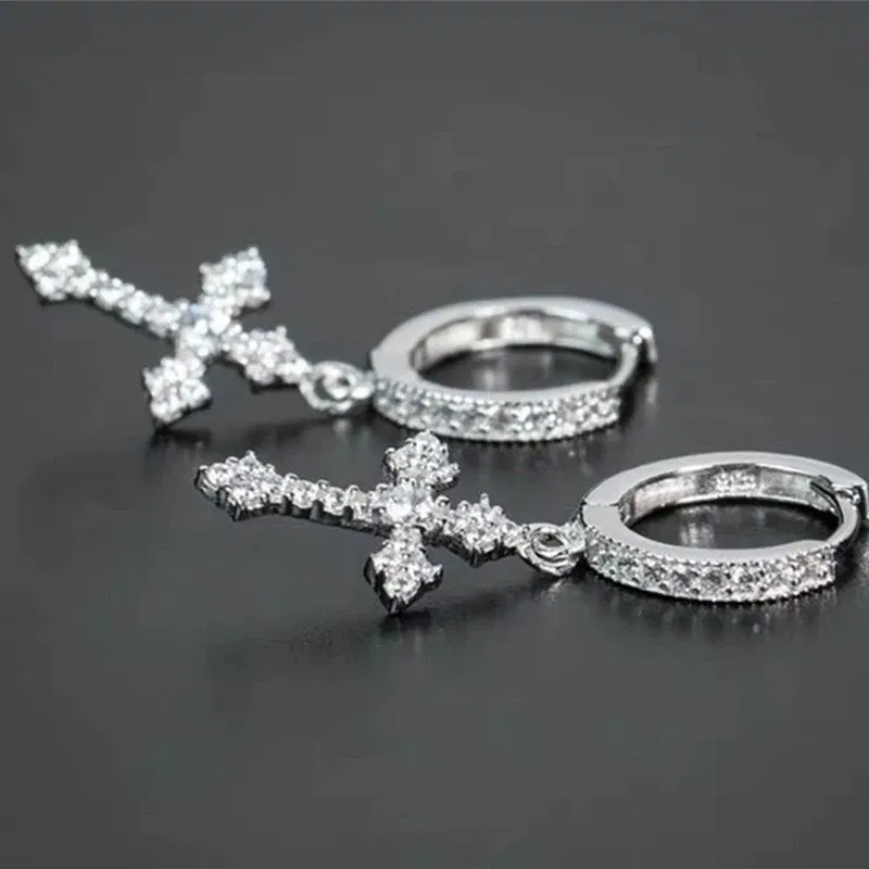 Metal Color: SILVER PLATED - Classic Cross Point-Drill Crystal Replaceable Exquisite White Color Earrings For Women Men Hiphop Party Jewelry Gifts