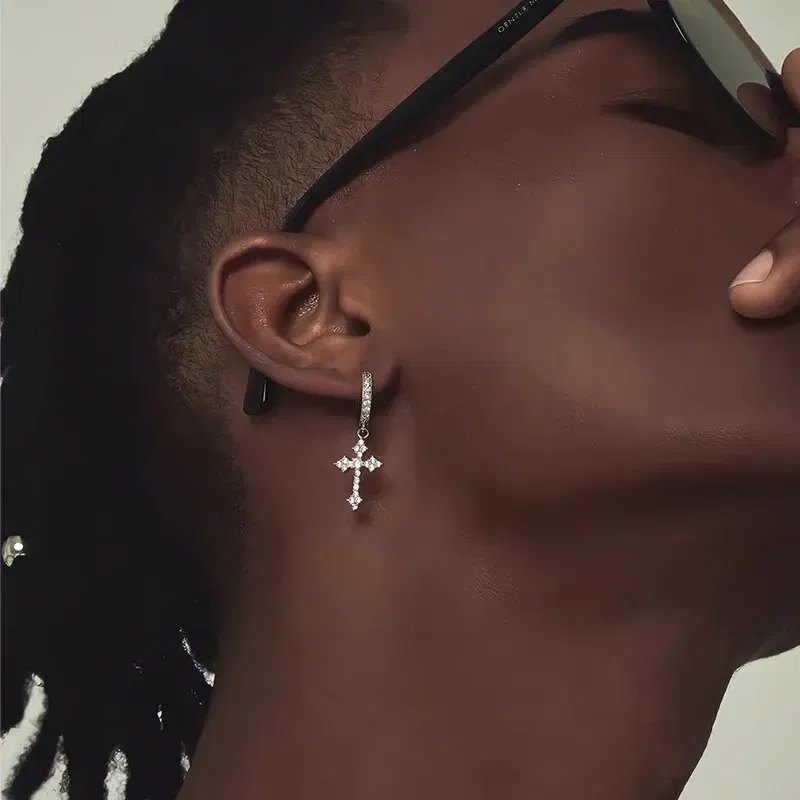 Metal Color: SILVER PLATED - Classic Cross Point-Drill Crystal Replaceable Exquisite White Color Earrings For Women Men Hiphop Party Jewelry Gifts
