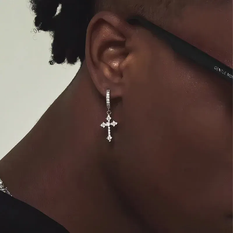 Metal Color: SILVER PLATED - Classic Cross Point-Drill Crystal Replaceable Exquisite White Color Earrings For Women Men Hiphop Party Jewelry Gifts