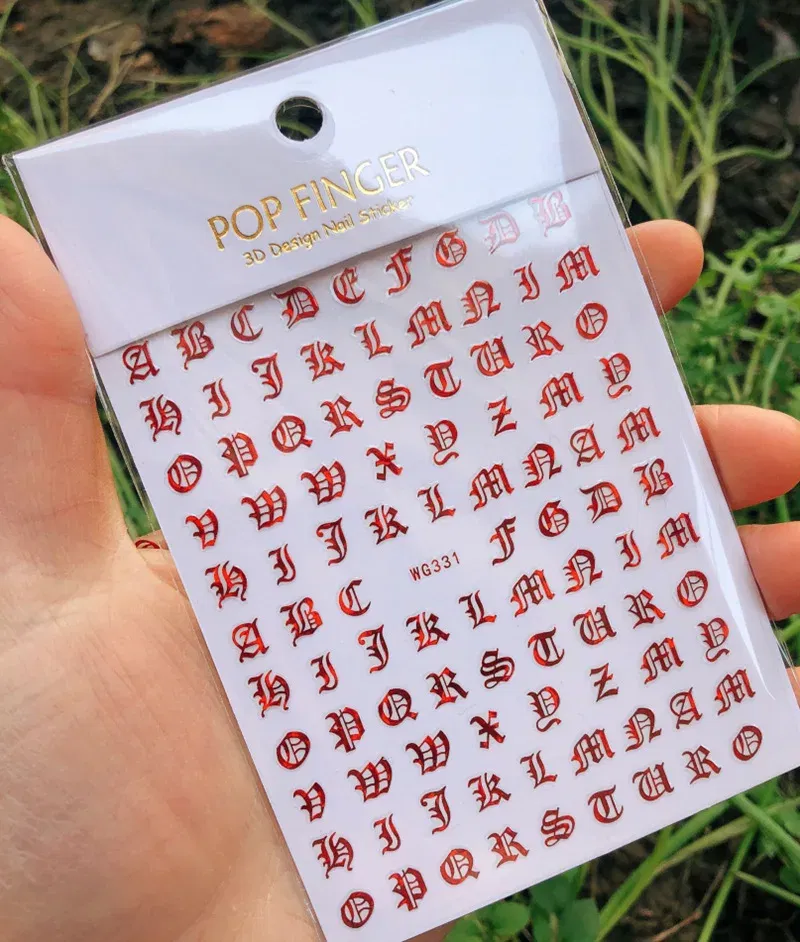 Color: wine red - 1PCS New English Alphabet Nail Stickers Multi-Color Laser Reflective Nail Slider Art Cool Text Nail Kit