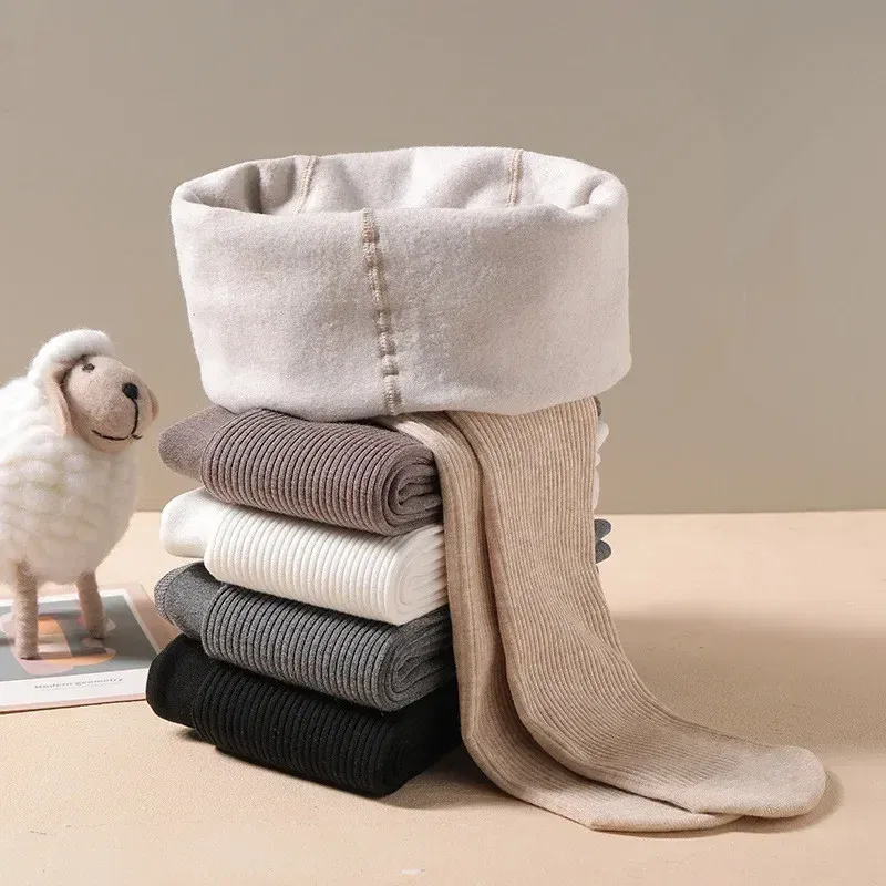 Color: Beige, Size: M - Winter Infant Girls Plus Velvet Pantyhose Children's Leggings Thickening Children's Babys Skinny Pants Winter Clothes