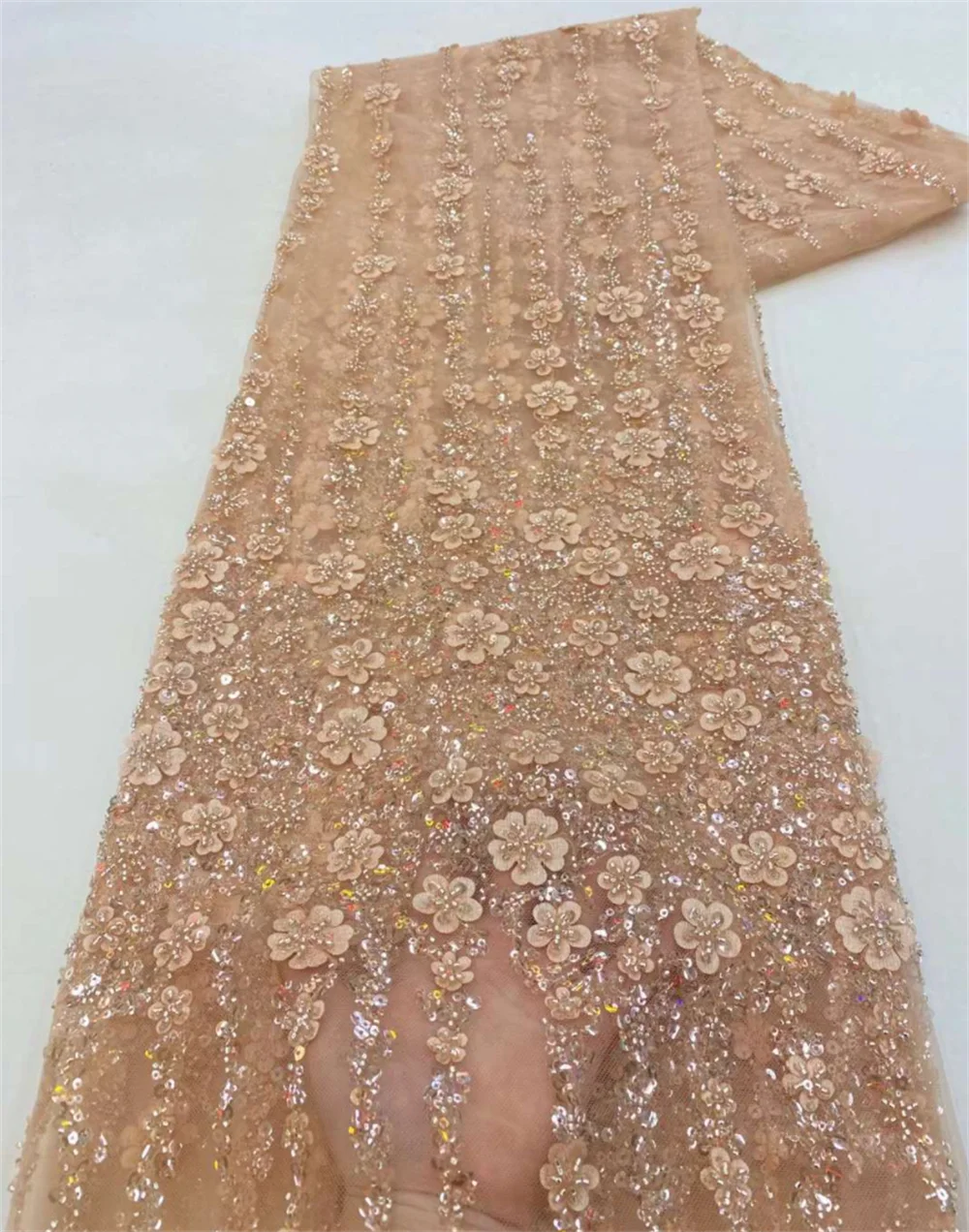 Color: Apricot, Length: 5 yards, Width: 120cm - White African Beads Groom Tulle lace Fabric 2025 High Quality Sequins Embroidery French Tulle Laces For Nigeiran Party Dress