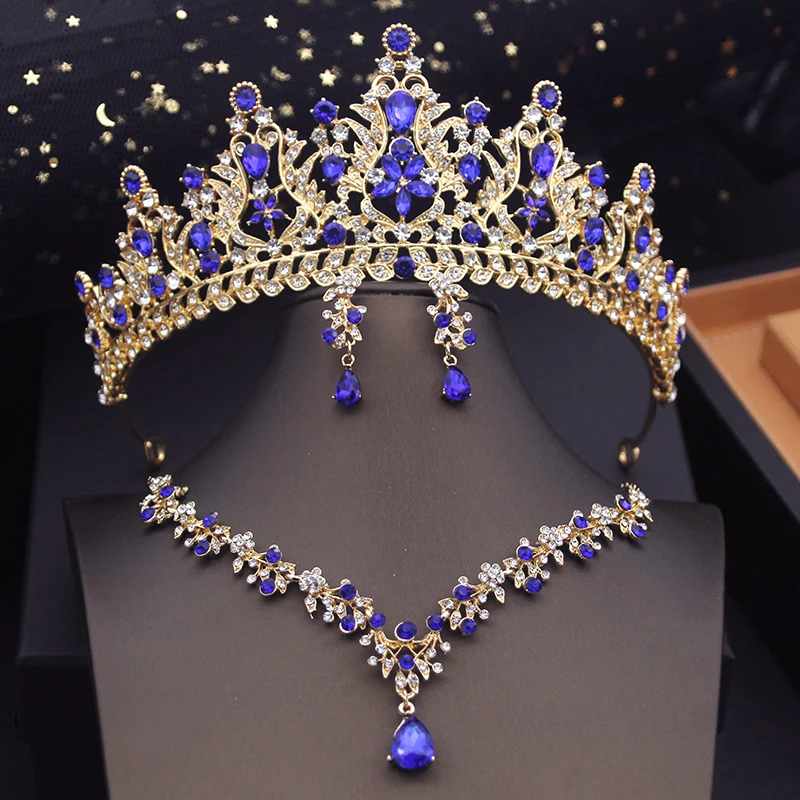 Metal color: Blue white zinc plated - Royal Queen Tiaras Bridal Jewelry Sets Evening Crown Choker Necklace Sets Wedding Dress Jewelry Prom Costume Accessory Bride