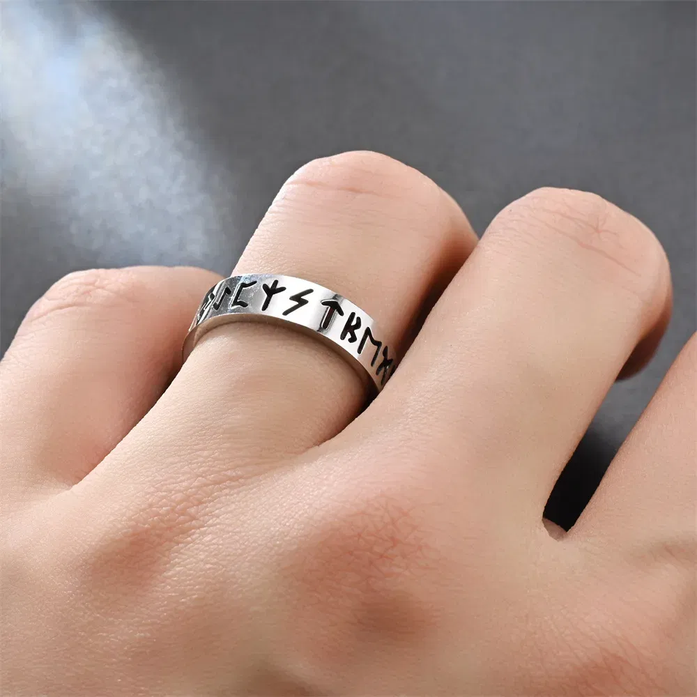Main Stone Color: silver, Ring Size: Less Than 4 - 2023 New Stainless Steel Hollow Out Ring for Men Women Fashion Hollow Rune Design Finger Anillo Antiestres Anxiety Rings