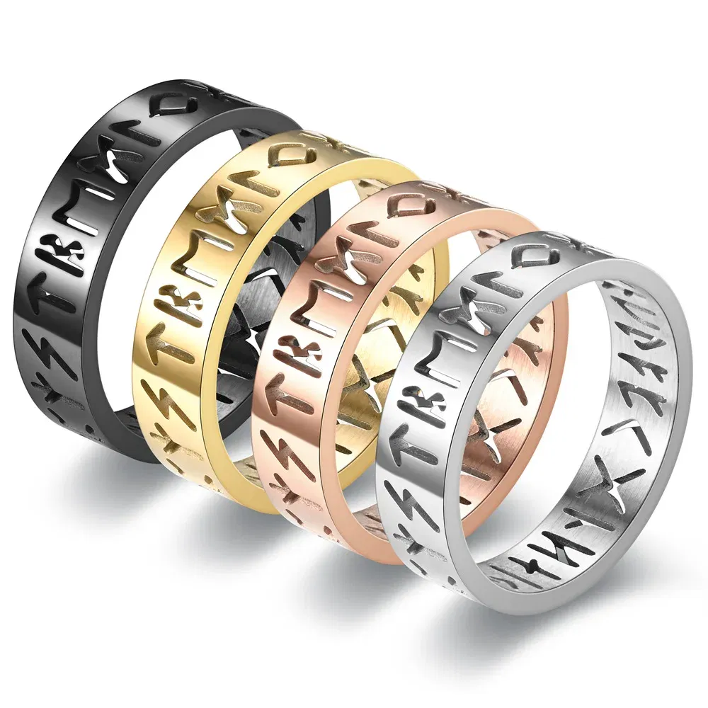 Main Stone Color: silver, Ring Size: Less Than 4 - 2023 New Stainless Steel Hollow Out Ring for Men Women Fashion Hollow Rune Design Finger Anillo Antiestres Anxiety Rings