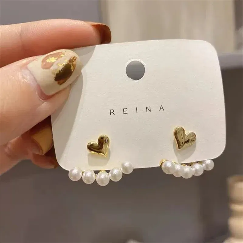 Metal Color: Rhodium Plated - Imitation Pearl Stud Earrings For Women Alloy Heart Double Sides Back Post Hanging Ear Cuff Valentine's Day Jewelry Girl Gift