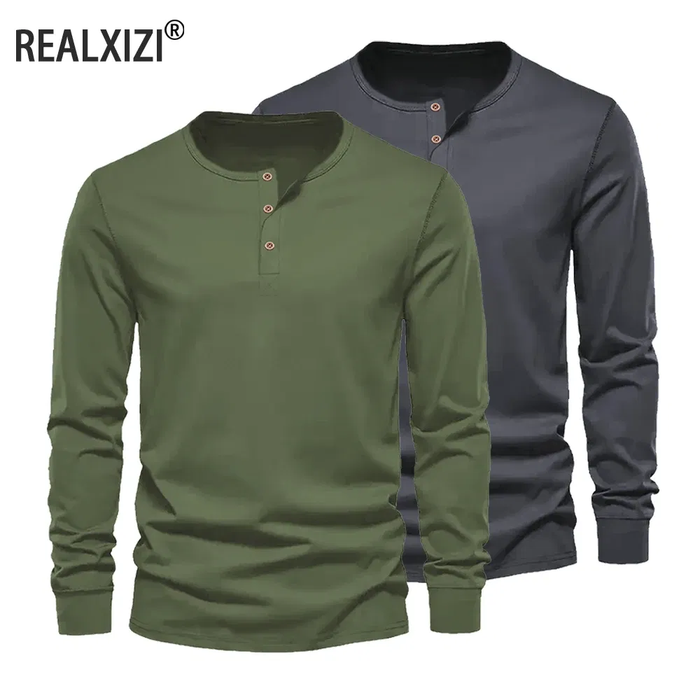 Color: Brown, Size: L - Men's Long Sleeved Henley Neck T-shirt Slim Fit Bottoming Shirt Fitness Tops Tees Button Neck Casual Cozy Tshirt