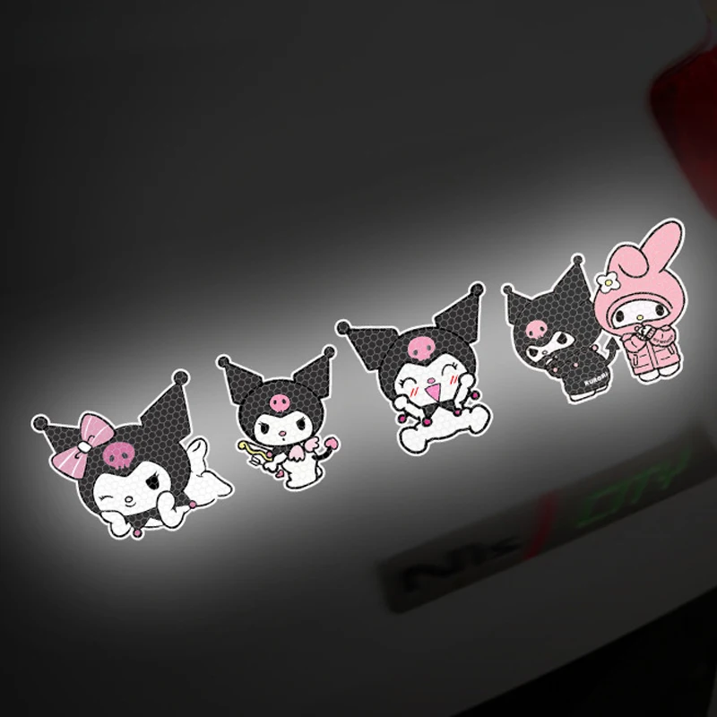 Color: Black - Anime Kuromi Hellokitty Car Sticker Reflective Warning Safety Tape Anti Collision Reflective Sticker Car Accessories
