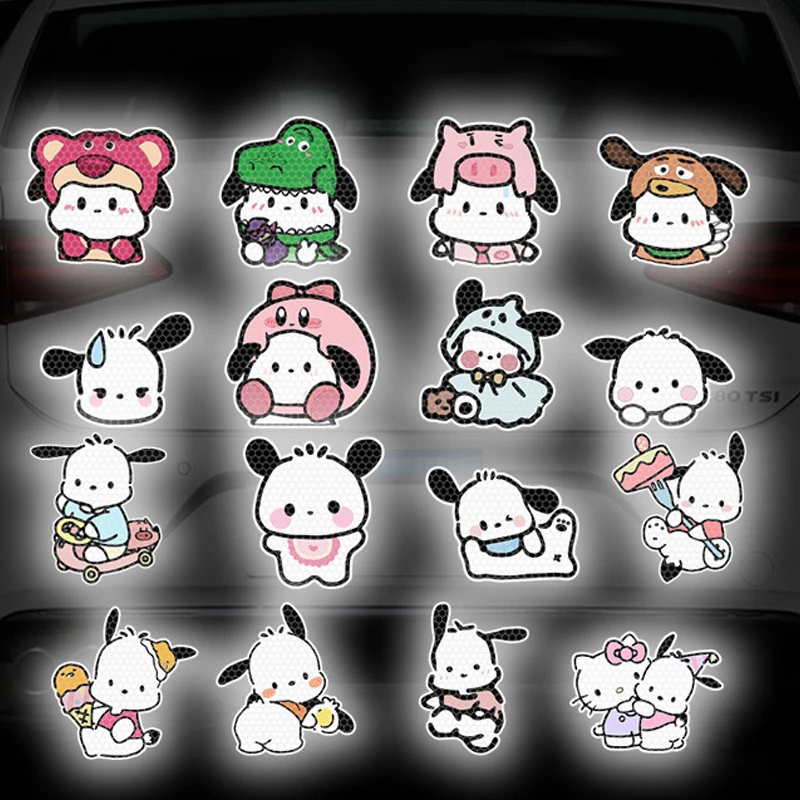Color: Black - Anime Kuromi Hellokitty Car Sticker Reflective Warning Safety Tape Anti Collision Reflective Sticker Car Accessories