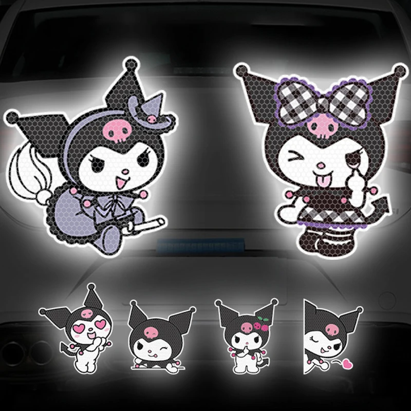 Color: Black - Anime Kuromi Hellokitty Car Sticker Reflective Warning Safety Tape Anti Collision Reflective Sticker Car Accessories