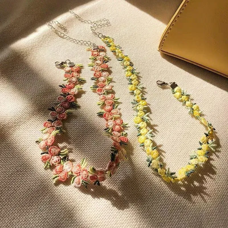 Metal Color: Steel color - New Sweet Flowers Lace Necklace Choker for Women Girls Good Quality Embroidery Fashion Romantic Design Accessory Jewelry