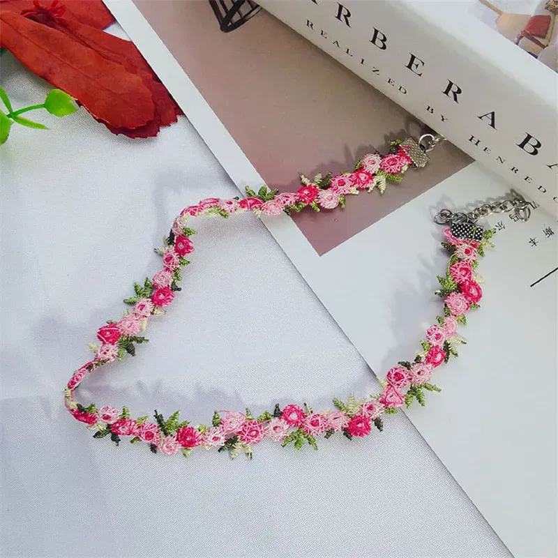Metal Color: Steel color - New Sweet Flowers Lace Necklace Choker for Women Girls Good Quality Embroidery Fashion Romantic Design Accessory Jewelry