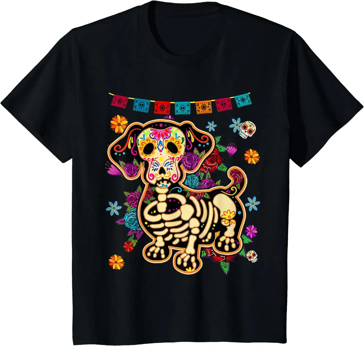 Color: black, Size: XXXL - Sugar Skull Mexican Dachshund Bone Halloween Day of Dead T-Shirt Casual Cotton Four Seasons Graphic T Shirts Funny T Shirts