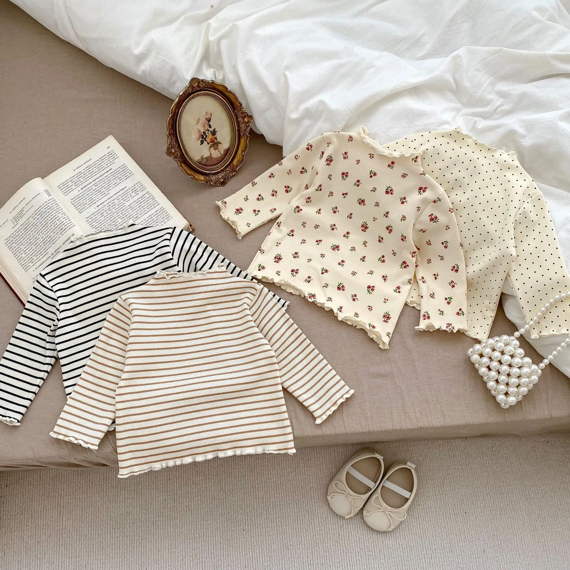 Color: GRAY, Kid Size: 12M - New Baby Long Sleeve T Shirt Girls Cotton Casual Tees Infant Ruffled Versatile Shirts Kids Floral Striped Bottoming Tops