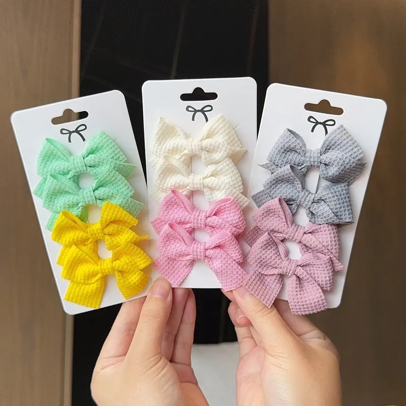 Color: Light Beige - 4PCS Soft Cotton Bow Hairpin Girl Sweet Plaid Design Hairpin Color Block Delicate Hairgripe Barrettes Kawaii Child Accessories