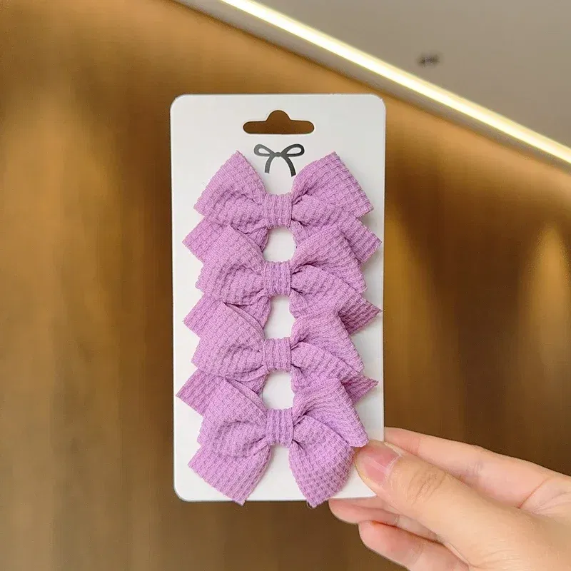 Color: Light Beige - 4PCS Soft Cotton Bow Hairpin Girl Sweet Plaid Design Hairpin Color Block Delicate Hairgripe Barrettes Kawaii Child Accessories