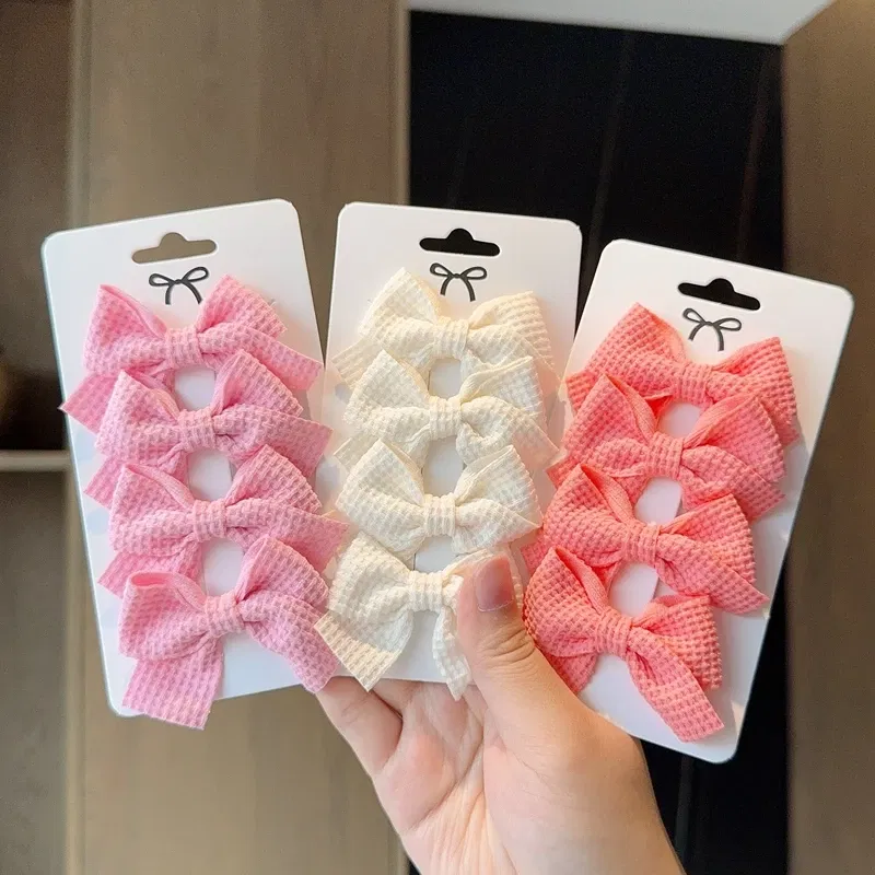 Color: Light Beige - 4PCS Soft Cotton Bow Hairpin Girl Sweet Plaid Design Hairpin Color Block Delicate Hairgripe Barrettes Kawaii Child Accessories