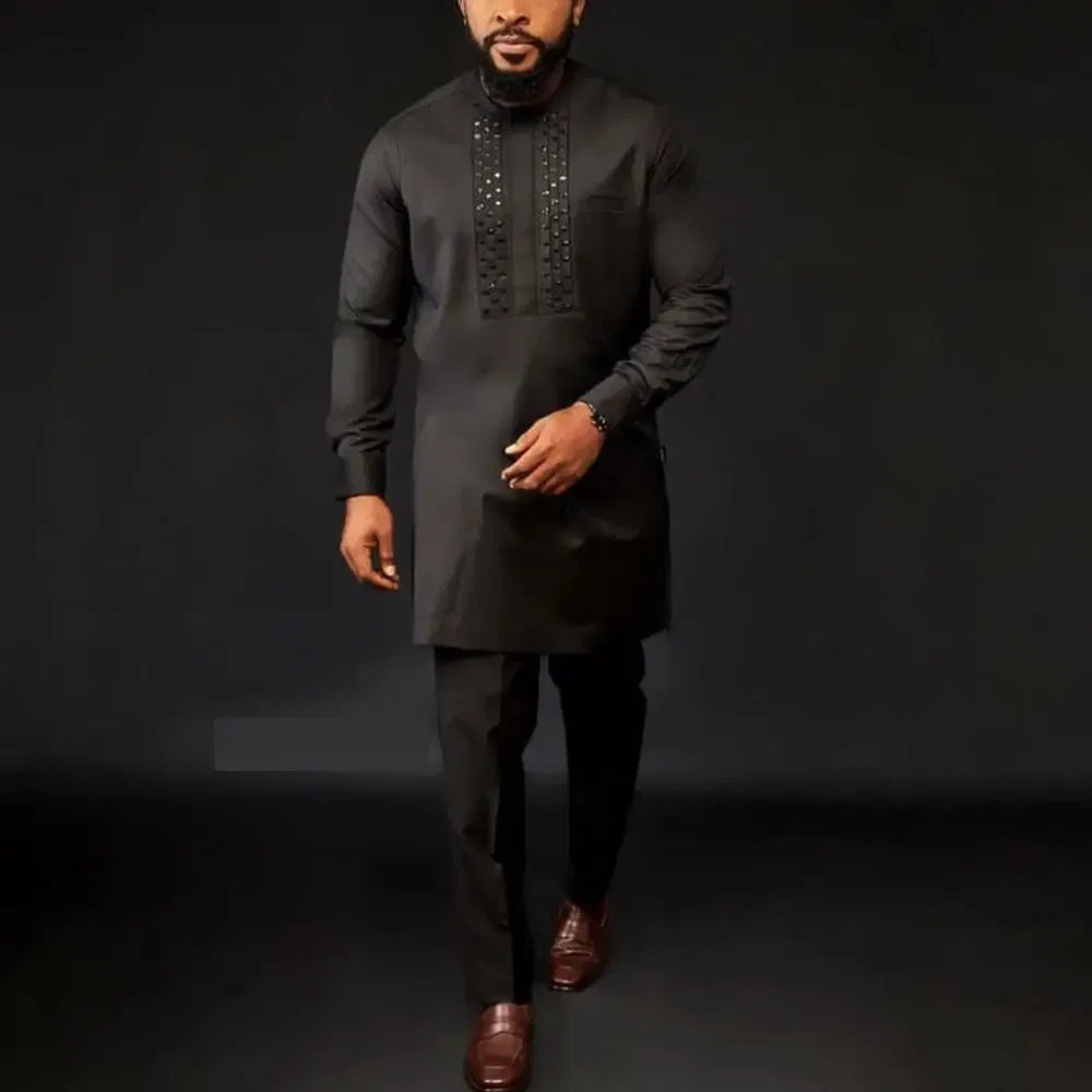 Color: SKY BLUE, Size: XXL - 2025 New men's suit, white pocket, 2-piece set, luxury wedding casual suit, traditional African style of ethnic minorities