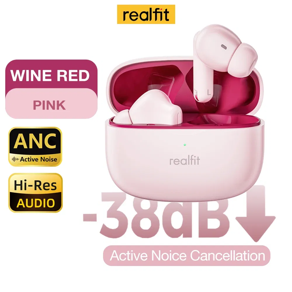 Color: Pink - Realfit F3 ANC Active Noice Cancellation Bluetooth Earphones ENC Call HIFI Stereo Superb Bass Wireless Earbuds Sport Gaming