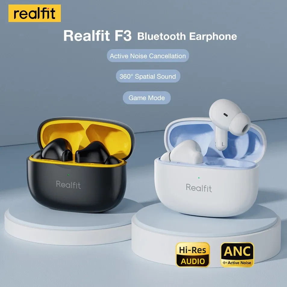 Color: Pink - Realfit F3 ANC Active Noice Cancellation Bluetooth Earphones ENC Call HIFI Stereo Superb Bass Wireless Earbuds Sport Gaming