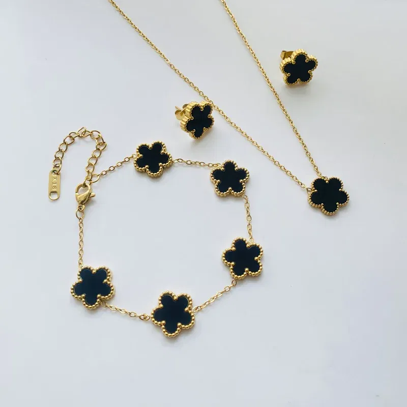 Metal color: Pure Gold Color - 3pcs/set Stainless Steel Flower Jewelry Set Gifts Luxury Modern Fashion Charm Necklace Earrings Bracelet Set Jewelry for Women