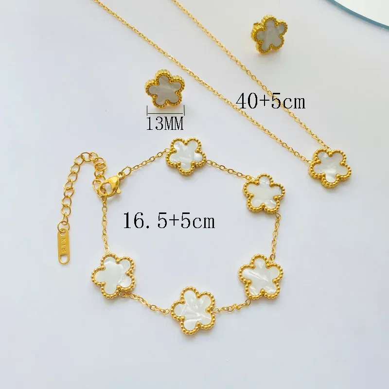 Metal color: Pure Gold Color - 3pcs/set Stainless Steel Flower Jewelry Set Gifts Luxury Modern Fashion Charm Necklace Earrings Bracelet Set Jewelry for Women