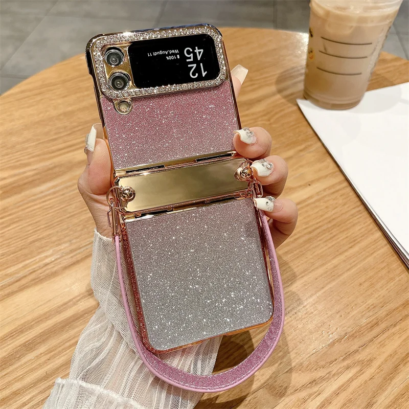 Color: black, Material: Cotton Fabric - For Samsung Galaxy Z Flip 6 5 4 3 Case 3D Jewelled Diamond Luxury Gradient Bling Glitter Wrist Strap Holder Tote Bags Cover