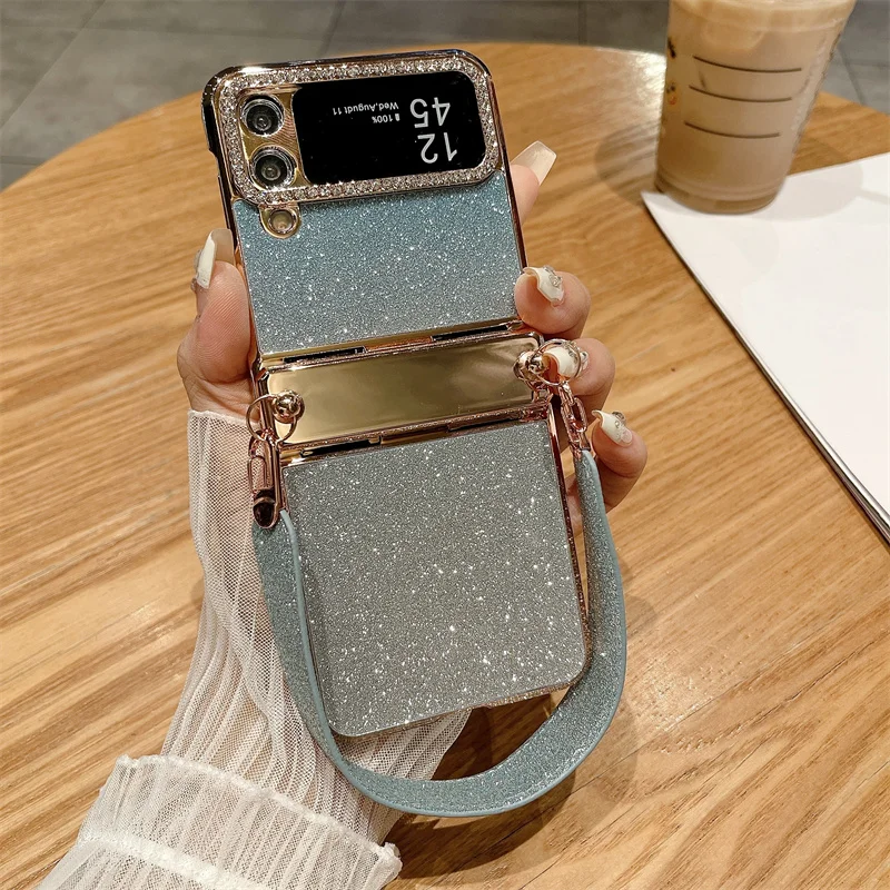 Color: black, Material: Cotton Fabric - For Samsung Galaxy Z Flip 6 5 4 3 Case 3D Jewelled Diamond Luxury Gradient Bling Glitter Wrist Strap Holder Tote Bags Cover