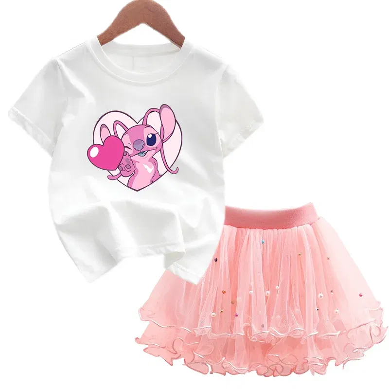 Color: SKY BLUE, Kid Size: 3T - 2pcs Lilo Stitch Summer Girls Outfits Cartoon T-shirt and Tutu Skirt Princess Clothes Suit Children Birthday Clothing Sets