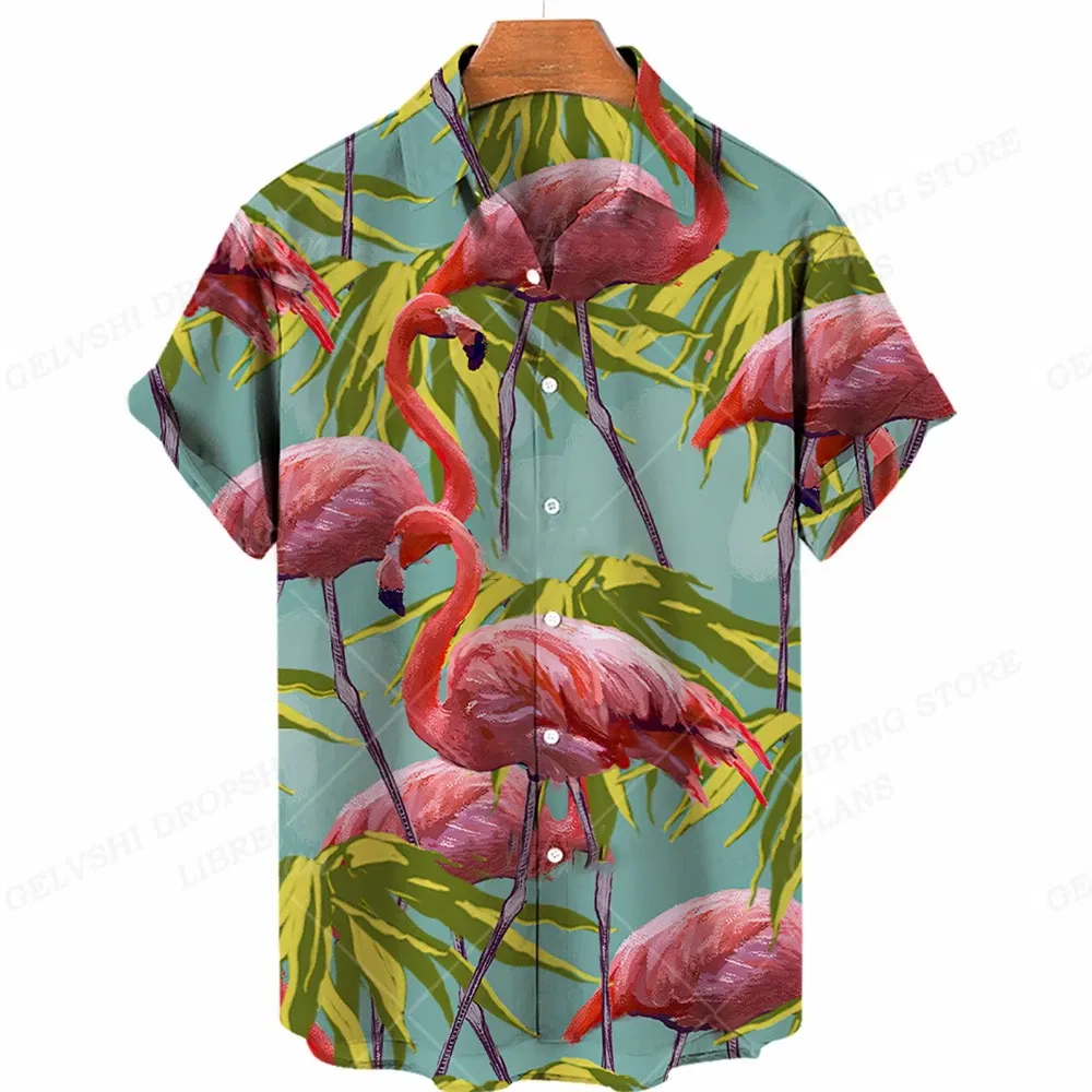 Color: Fuchsia, Size: L - Flamingo Hawaiian Shirts Beach Summer Men's Shirt Tropic Leaf 3D Print Shirts Men Women Fashion Blouse Short Sleeve Vocation