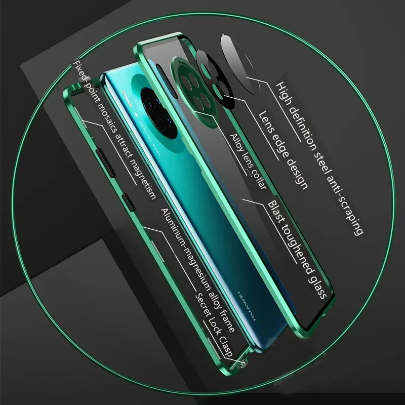 Color: Blue, Material: Microfiber - Double Sided Glass Magnetic Metal Snap Lock Phone Case For Honor Magic 4 5 Ultimate 6 Lite 7 Pro Lens Protection Cover Cases