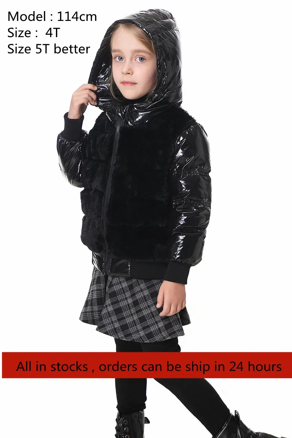 Color: black, Kid Size: 16t - Fashion joining design winter coats filling white duck down warm jackets soft fur fabric and glossy black waterproof coats