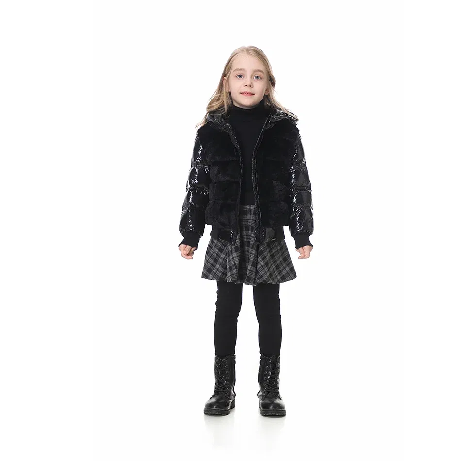 Color: black, Kid Size: 16t - Fashion joining design winter coats filling white duck down warm jackets soft fur fabric and glossy black waterproof coats