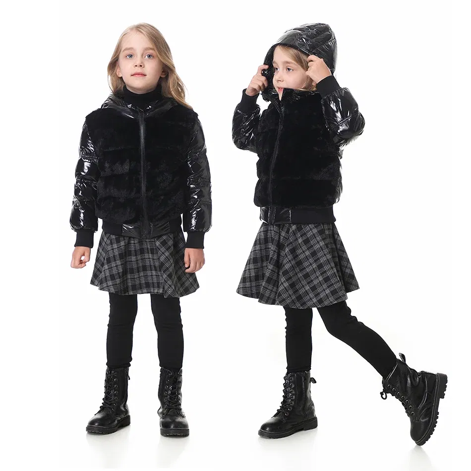 Color: black, Kid Size: 16t - Fashion joining design winter coats filling white duck down warm jackets soft fur fabric and glossy black waterproof coats