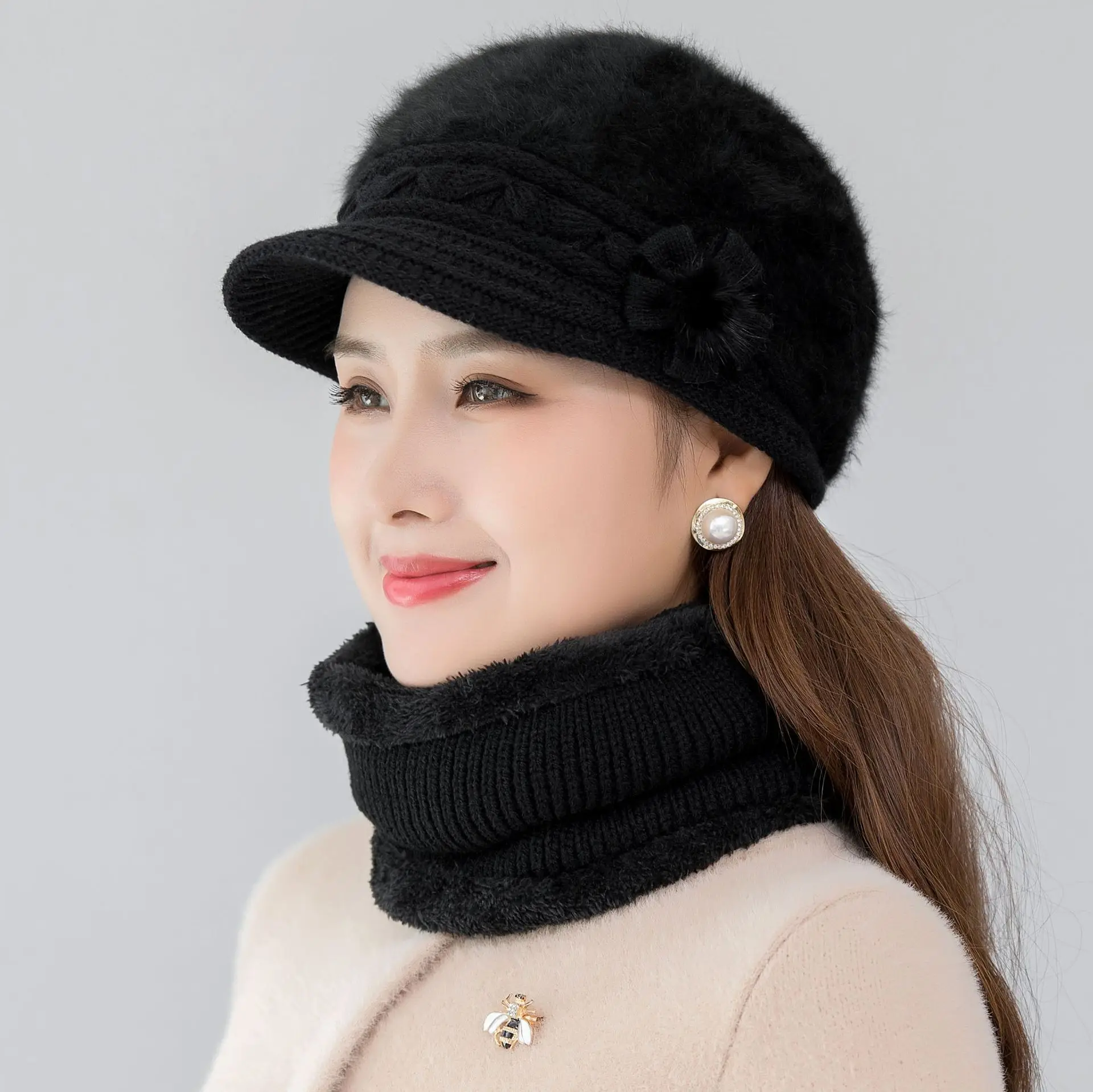 Color: black - New Women Winter Hat Keep Warm Cap Add Fur Lined Hat & Scarf Warm Set Fashion Hat For Women Casual Faux Fur Flower Knitted Hat