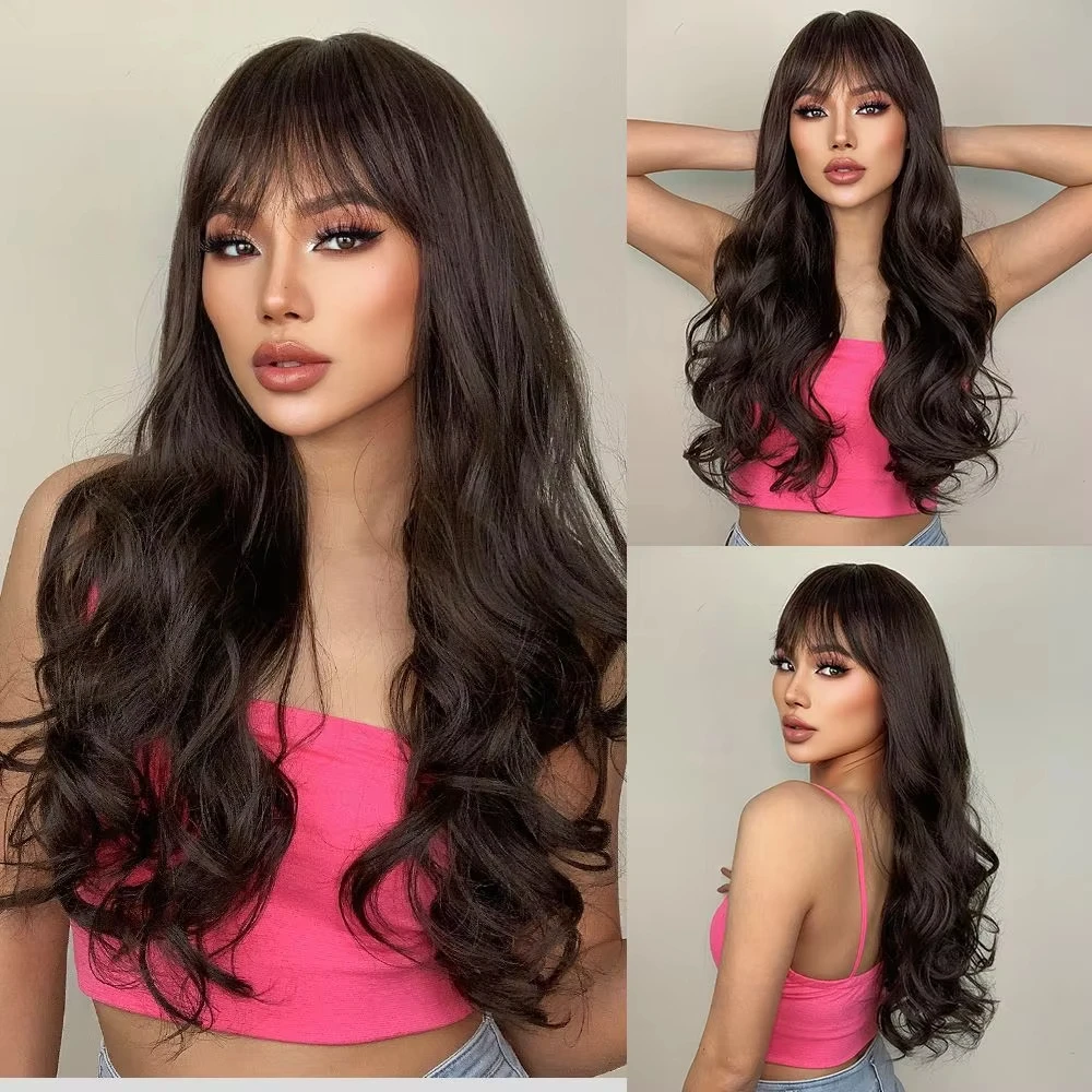 Color: T1B/Green - Black synthetic wig with middle-parted long hair and big waves for party or daily use. High-temperature synthetic hair cap.