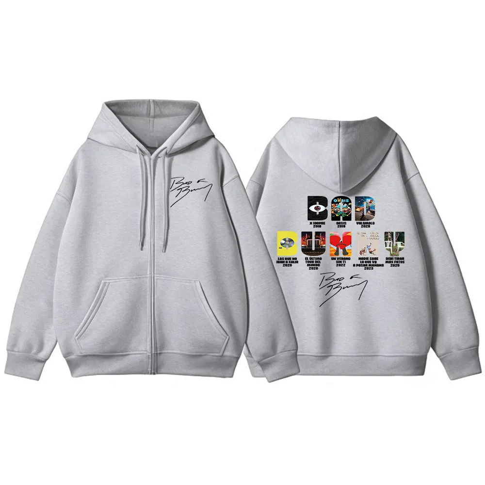 Color: black, Size: XXXL - Rapper Bad Bunny Music Album Cover Print Zipper Hoodies Men Women Clothing Hip Hop Zip Up Sweatshirts Long Sleeve Hoodie Jackets