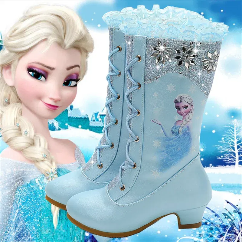 Color: Blue, Shoe Size: 5 - Disney Girls' Leather Boots Winter Frozen Boots Side Zipper High Plush Princess Elsa Boots Warm Children's Boots Size 27-37