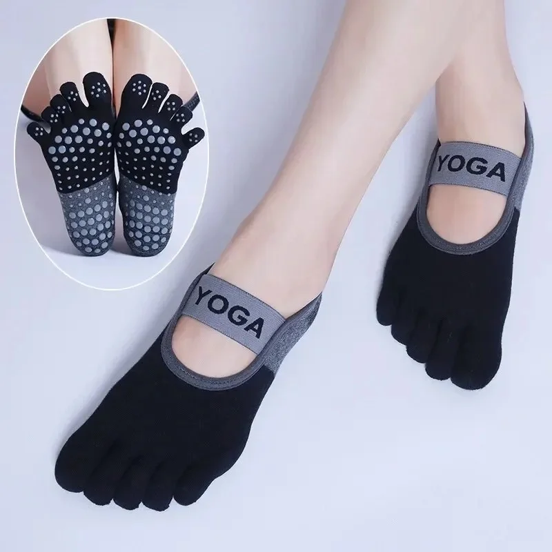 Color: GRAY - Ladies Breathable Yoga Socks Silicone Non-Slip Five Finger Pilates Socks for Backless Fitness Ballet Dance Cotton Gym Socks
