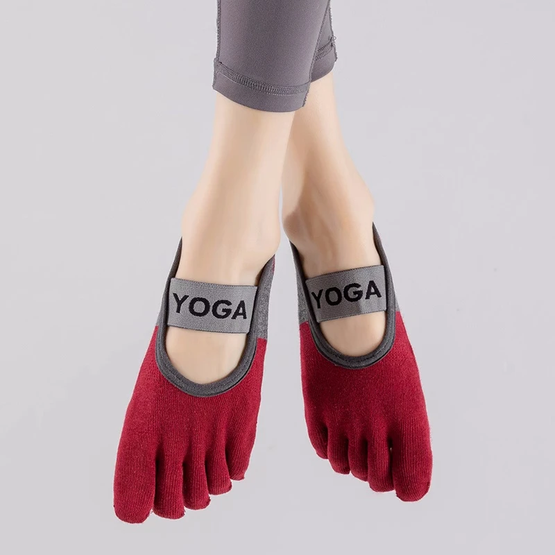 Color: GRAY - Ladies Breathable Yoga Socks Silicone Non-Slip Five Finger Pilates Socks for Backless Fitness Ballet Dance Cotton Gym Socks