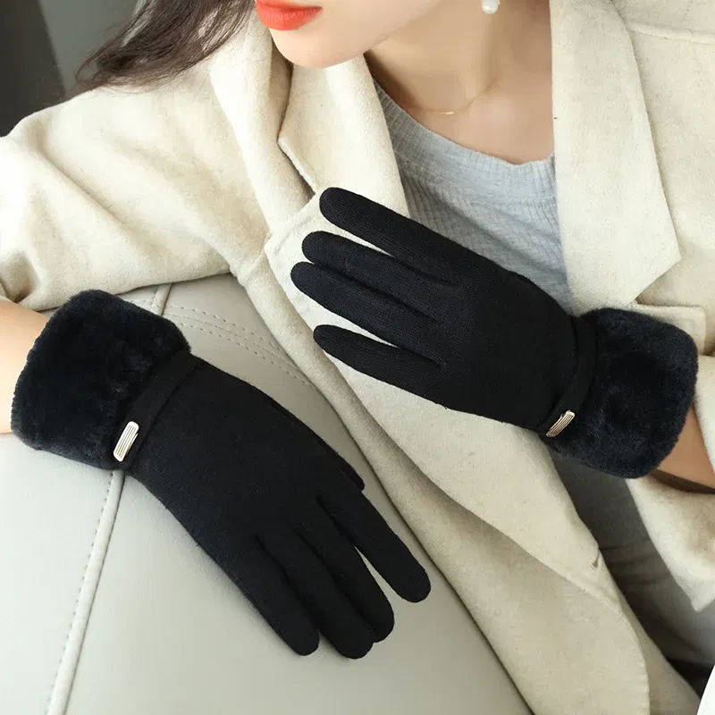 Color: Yellow, Gloves Size: One Size - Winter Women Keep Warm Plus Velvet Touch Screen Thicken Plush Wrist Suede Gloves Fashion Personality Elegant Drive Cycling