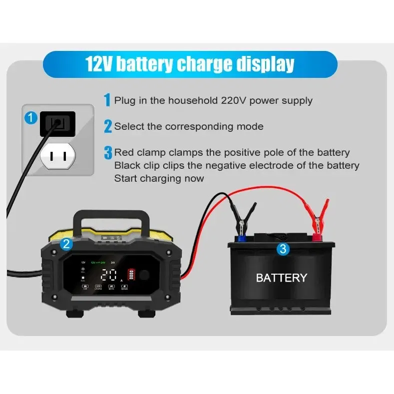 Color: Yellow - FOXSUR 20A/10A Car Motorcycle Battery Charger 12V/24V Smart Charger Lithium AGM GEL Lead-Acid LiFePO4 Battery Chargers