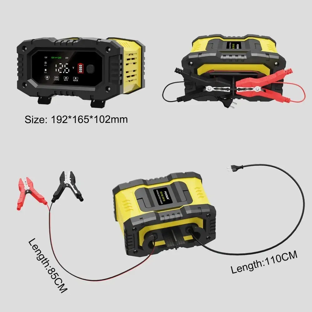 Color: Yellow - FOXSUR 20A/10A Car Motorcycle Battery Charger 12V/24V Smart Charger Lithium AGM GEL Lead-Acid LiFePO4 Battery Chargers