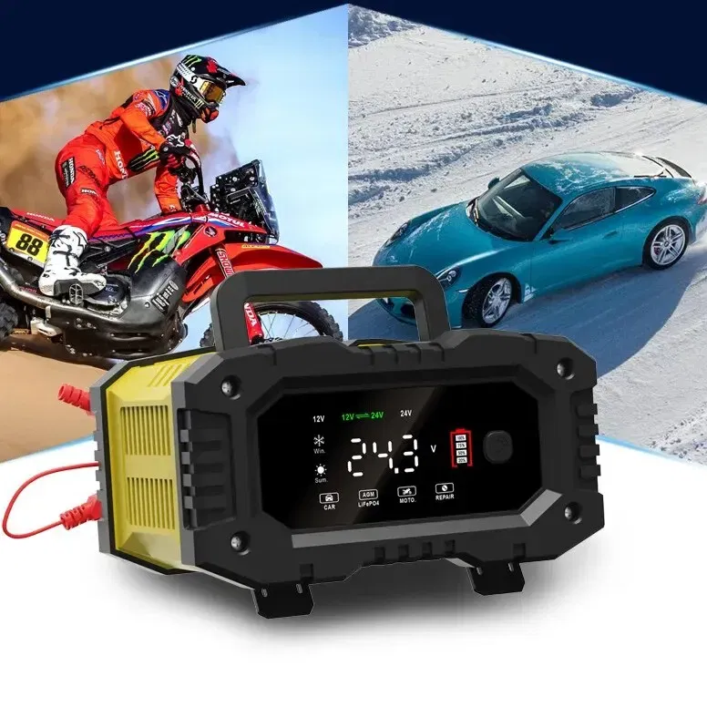 Color: Yellow - FOXSUR 20A/10A Car Motorcycle Battery Charger 12V/24V Smart Charger Lithium AGM GEL Lead-Acid LiFePO4 Battery Chargers