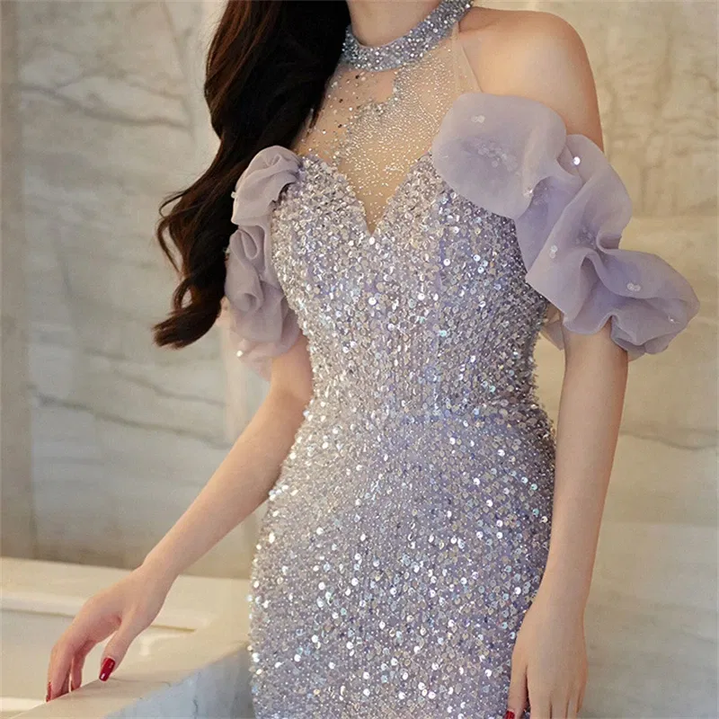 Color: Beige, Size: 3XL - High-End Neck Evening Dress New Entry Luxury Niche Banquet Elegant Usually Wearing Sequin Fishtail Dress Princess Sleeve Women's